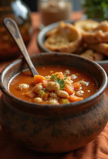 Dampende bønnesuppe med fyldig rød farge servert
