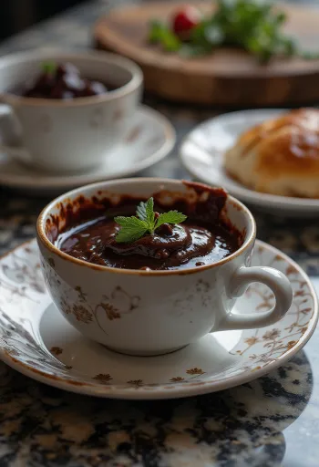 Rødvin-, sjokolade- og chilisaus i en skål, pyntet med sjokoladebiter og chili.