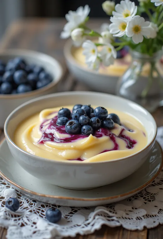 Blåbær- og vaniljesaus servert