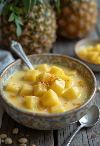 Basundi med ananas, rik melkekrem og biter av frisk ananas