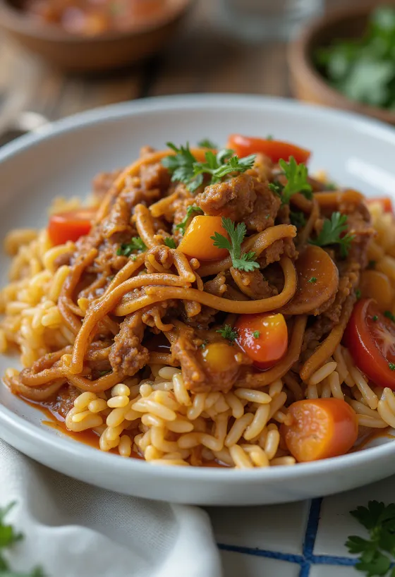 Carne Mechada servert med arepas og ris
