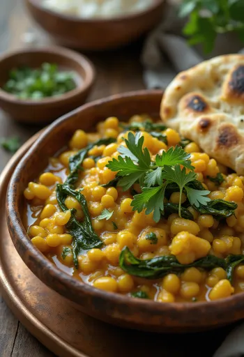 Dal Palak linser med spinat, servert med koriander