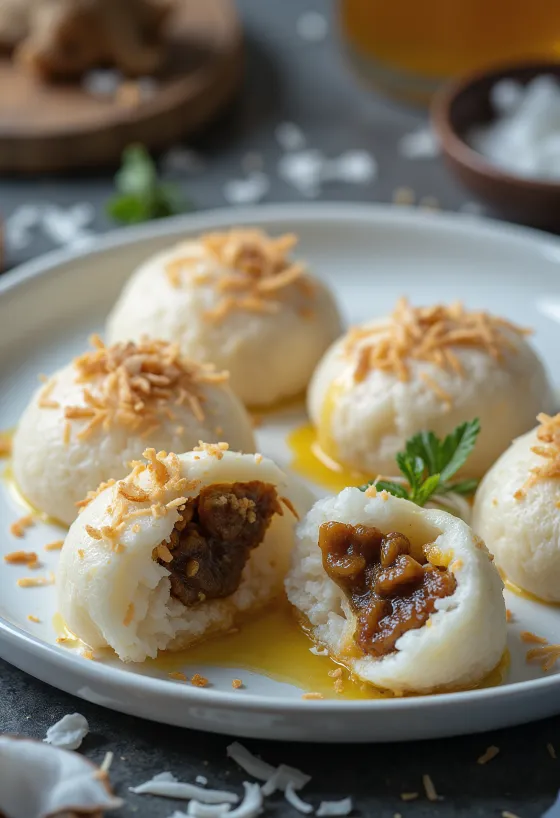 Idli med søtt fyll, servert med kokos og sukkerfyll
