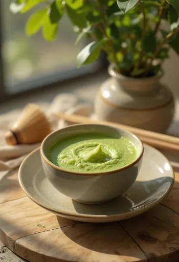 En kopp skummende matcha te, pyntet med matcha pulver