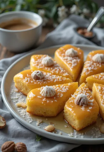 Revani med kokos, skiver servert på en hvit tallerken