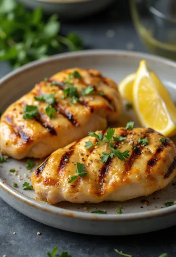 Grillet kyllingbryst servert med salat og grillede grønnsaker