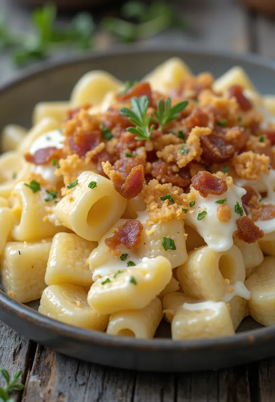 Pasta med bacon og cottage cheese, drysset med sprøstekt flesk og fersk dill