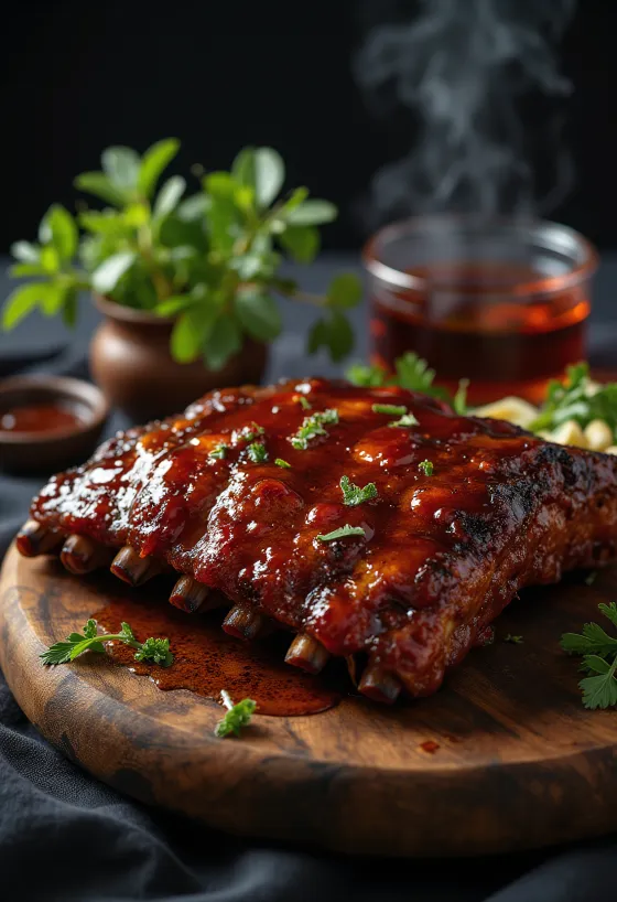 BBQ-spareribs servert med stekte poteter og frisk salat