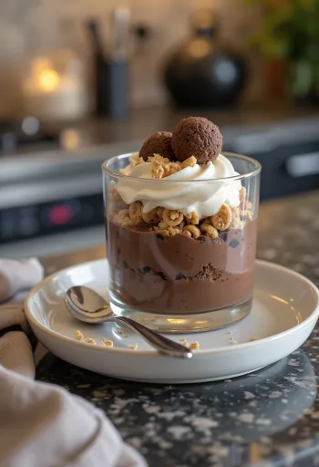 Sjokolademousse servert i glass med sjokoladekuler