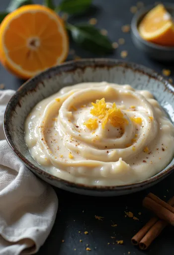 Kanel-, appelsin- og kokossaus servert