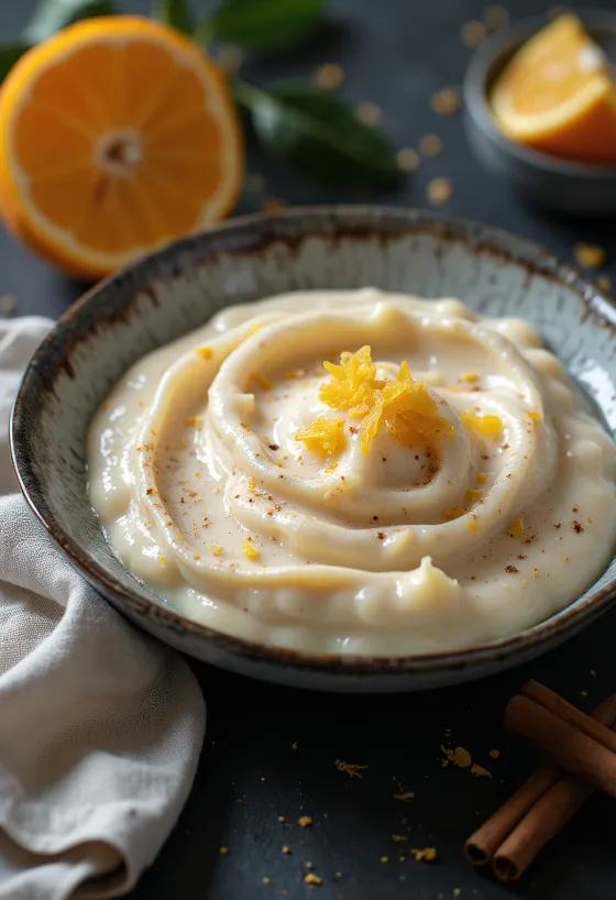 Kanel-, appelsin- og kokossaus servert