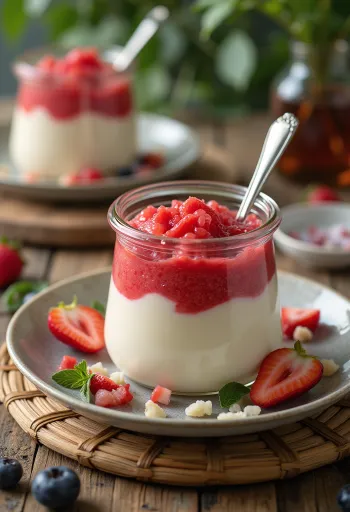 Panna cotta med fruktpuré servert