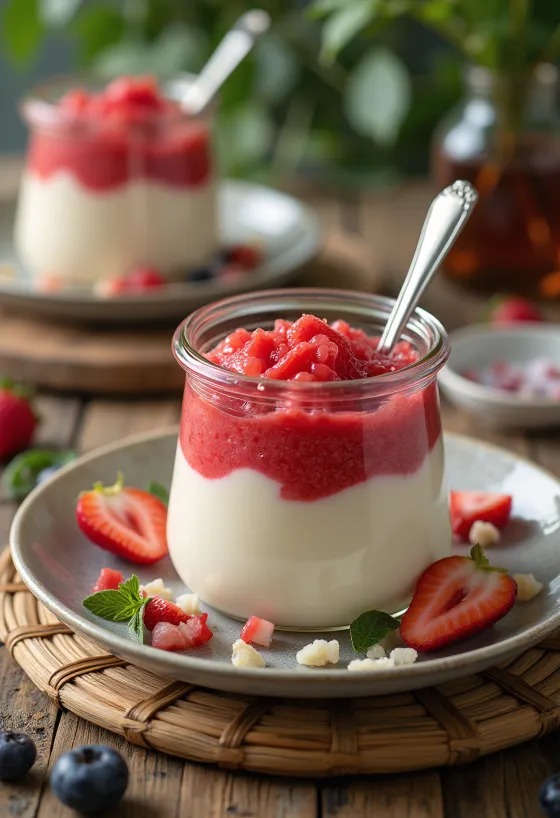 Panna cotta med fruktpuré servert