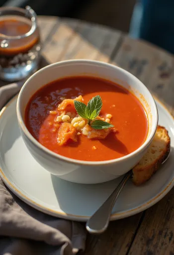 Tomatsuppe servert med duftende basilikum og ristede brødbiter