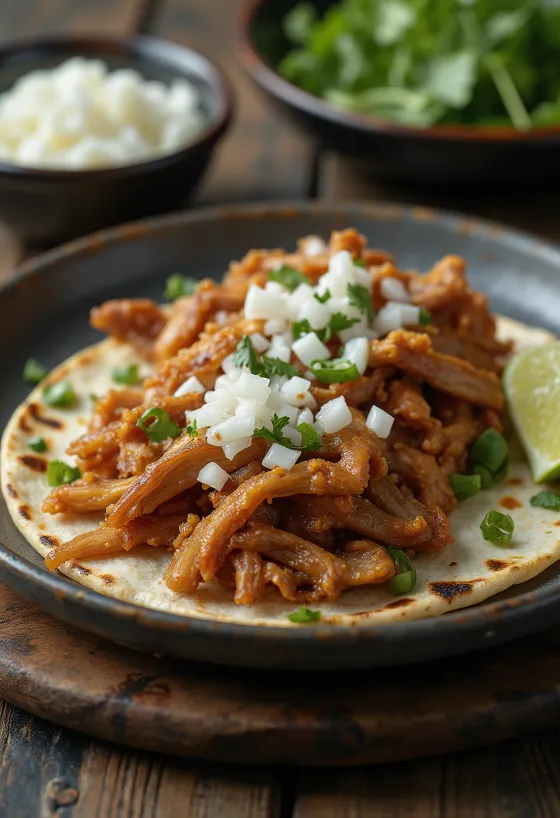 Pork carnitas servert i varme tortillas