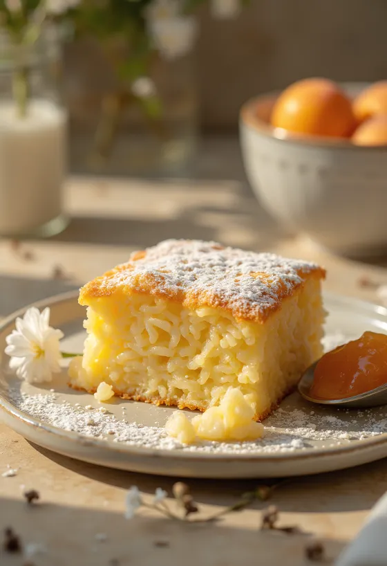 Risgrateng stekt gyllenbrun, drysset med melis og servert med fruktsyltetøy