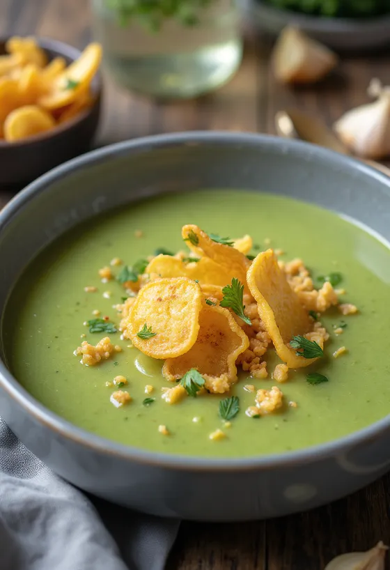 Lysegrønn kremet squashsuppe pyntet med hvitløkschips