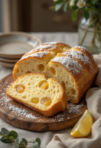 Kvedestollen i skiver, drysset med melis