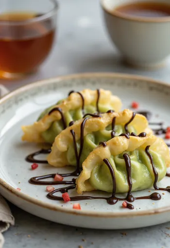 Søt gyoza med mascarpone-matchafyll og smeltet sjokolade servert