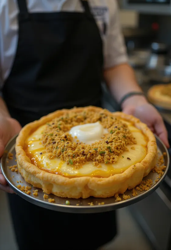 Knafeh Na'ameh, med finmalt deig, pyntet med fetaost og pistasj