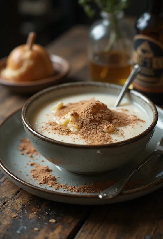 Kremet semulegrøt drysset med kakao, servert med frisk frukt