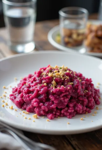Kremet risotto med intens rød farge fra rødbeter