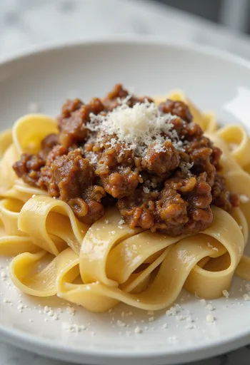 Villsvinragu med pappardelle servert på en rustikk tallerken.